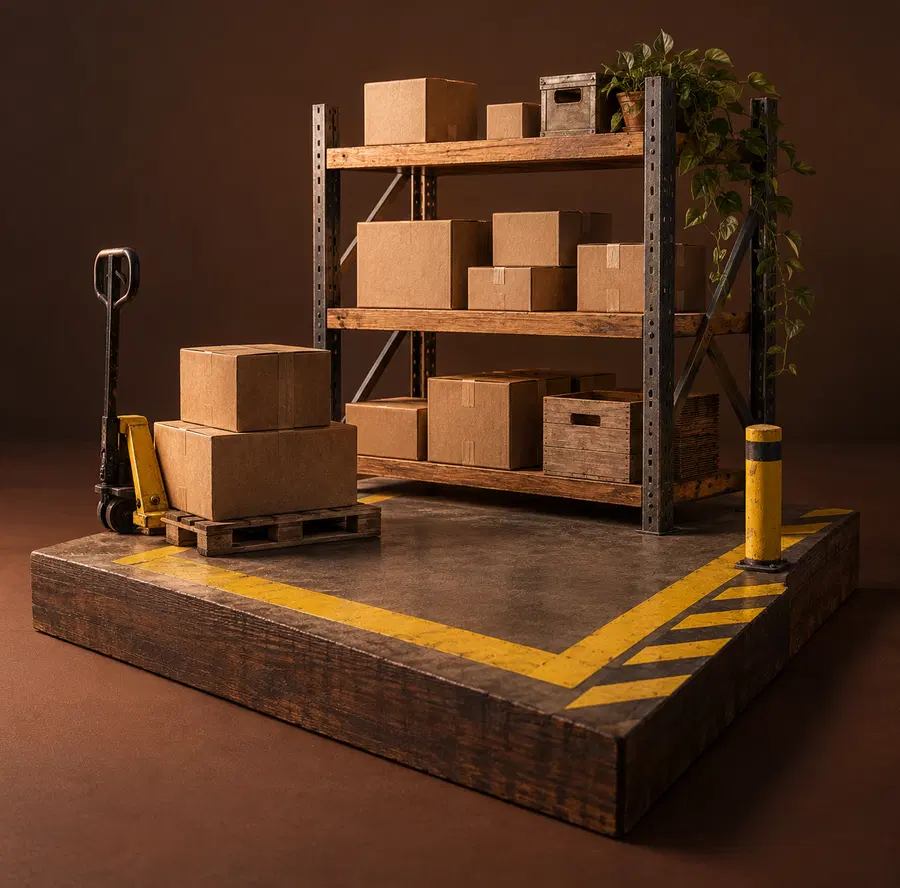Illustration of warehouse businesses equipment and workspace